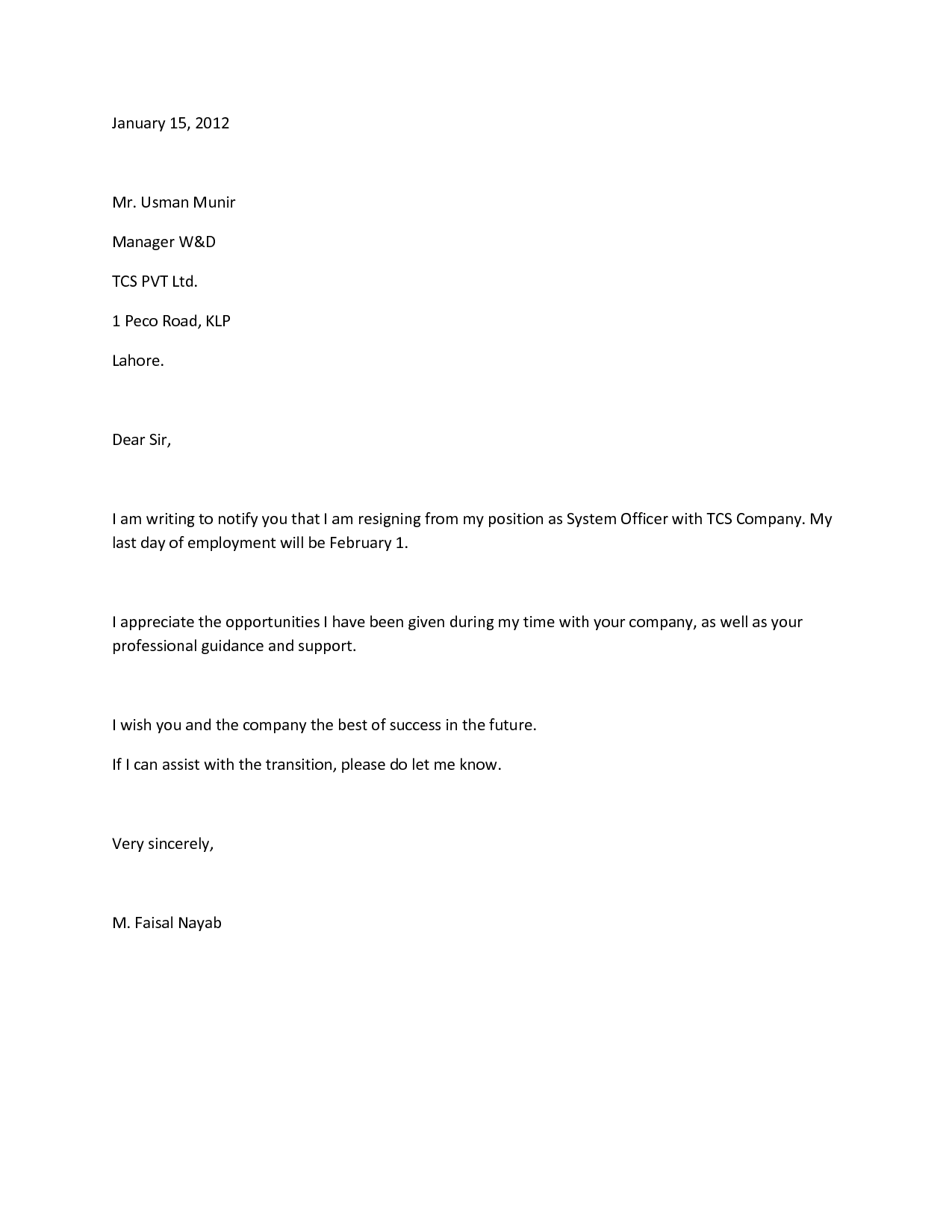 Part Time Job Resignation Letter Example
