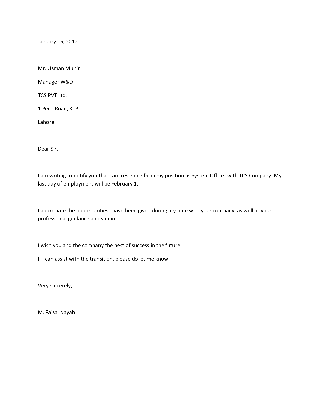 sample resignation letter