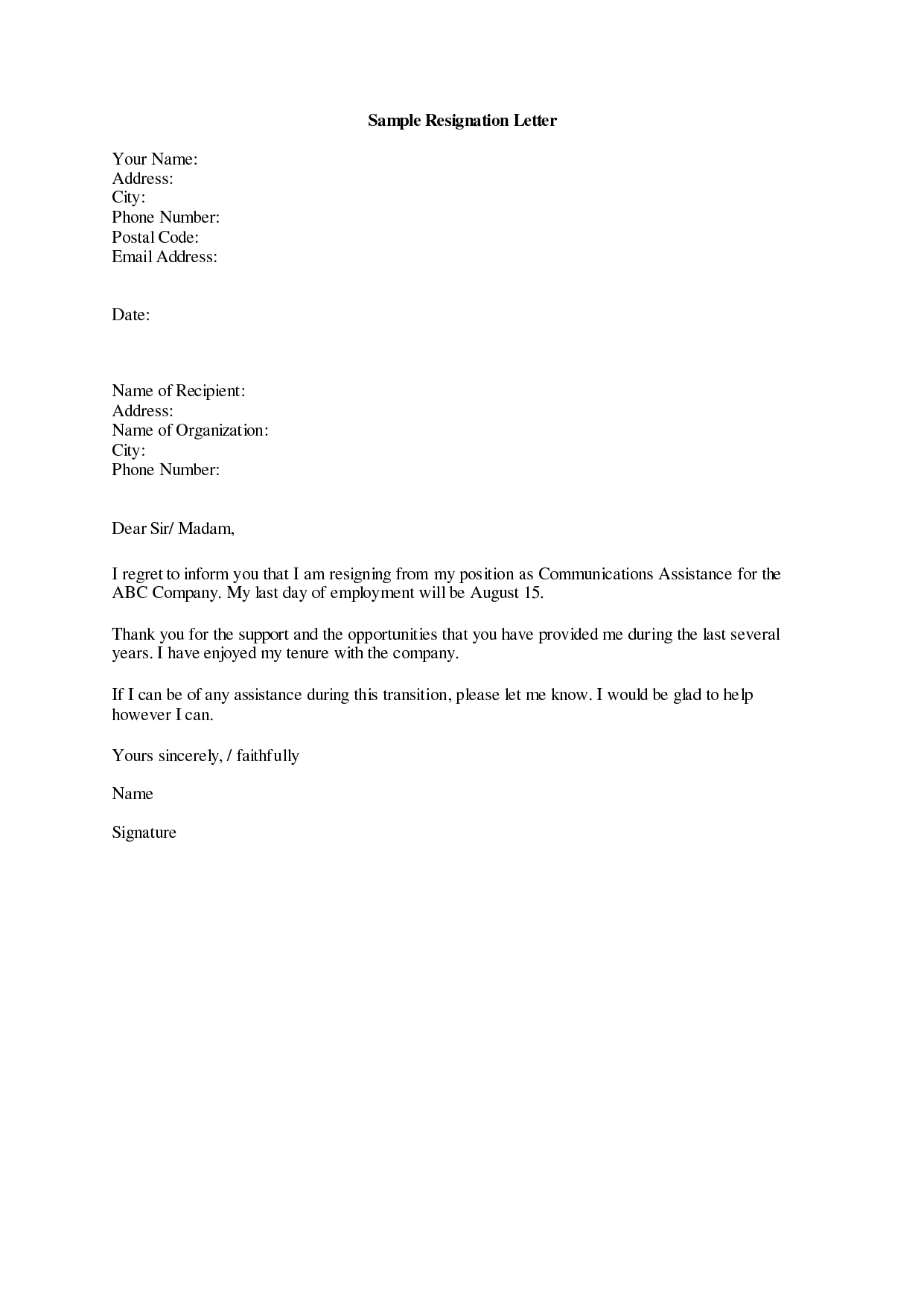 Microsoft Word Resignation Letter Template