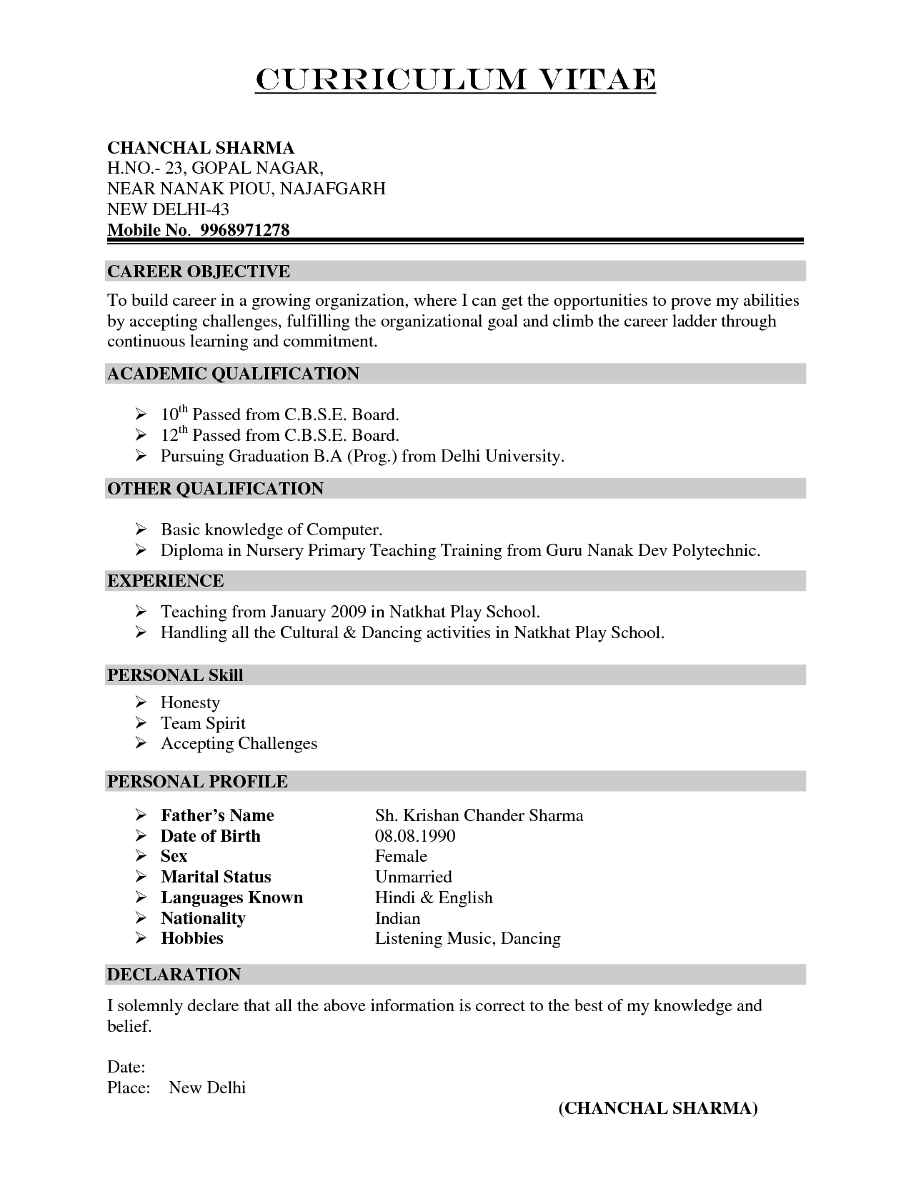 Curriculum Vitae Format Fotolip