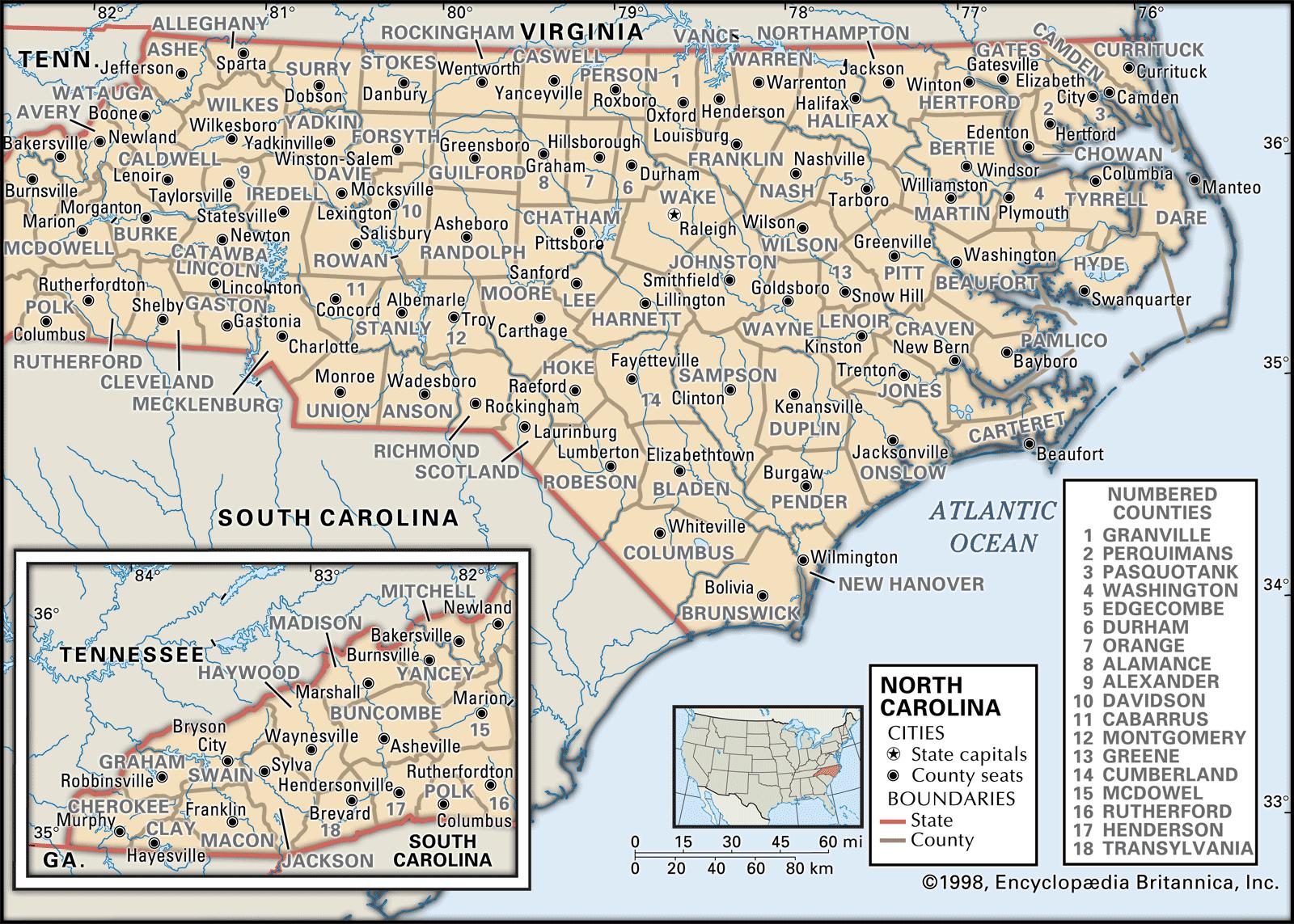 North Carolina County Map.