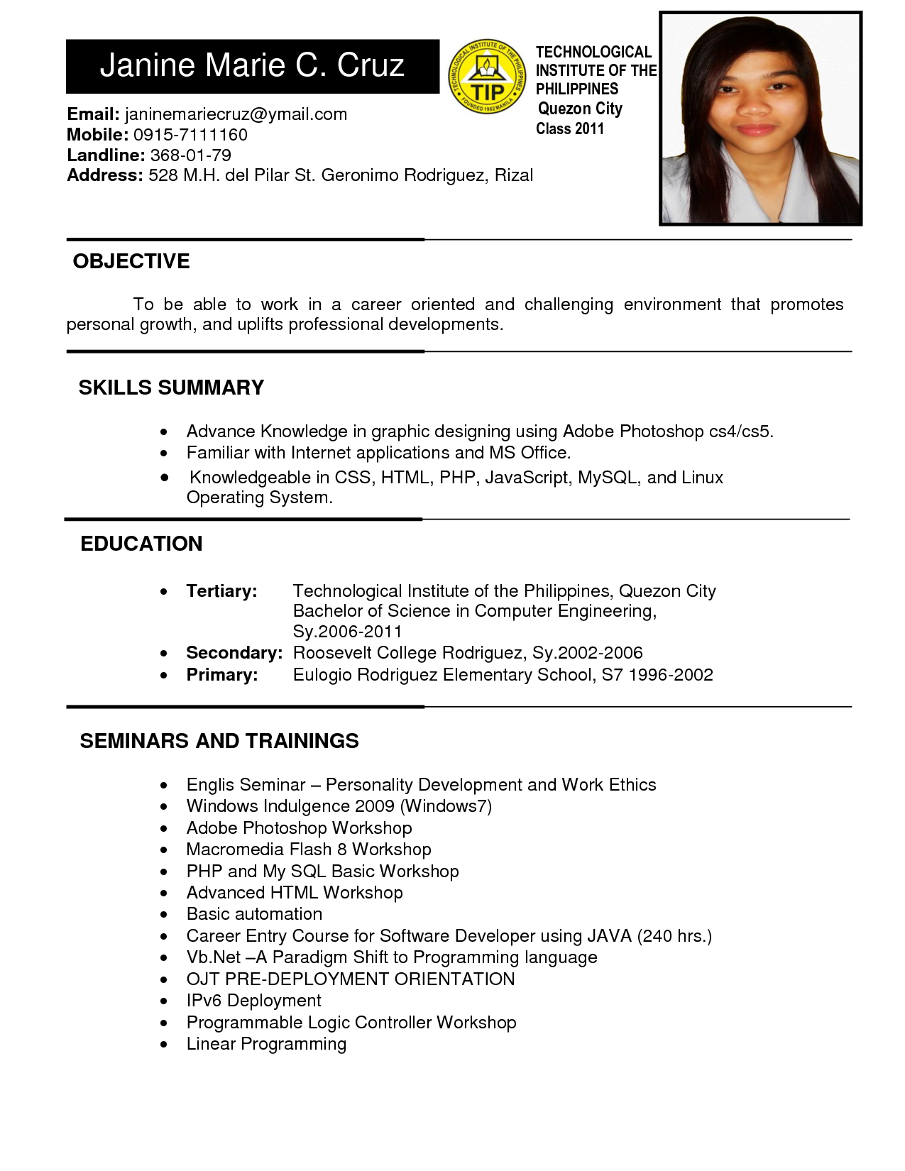 example sa resume