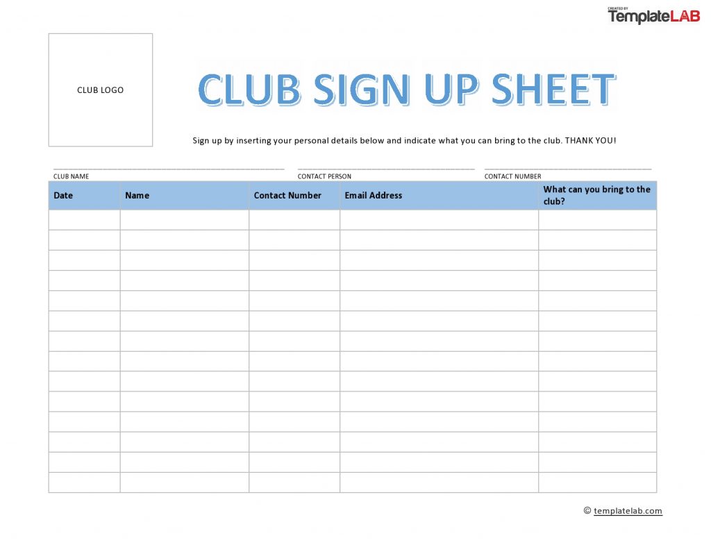 Club Sign Up Sheet Template