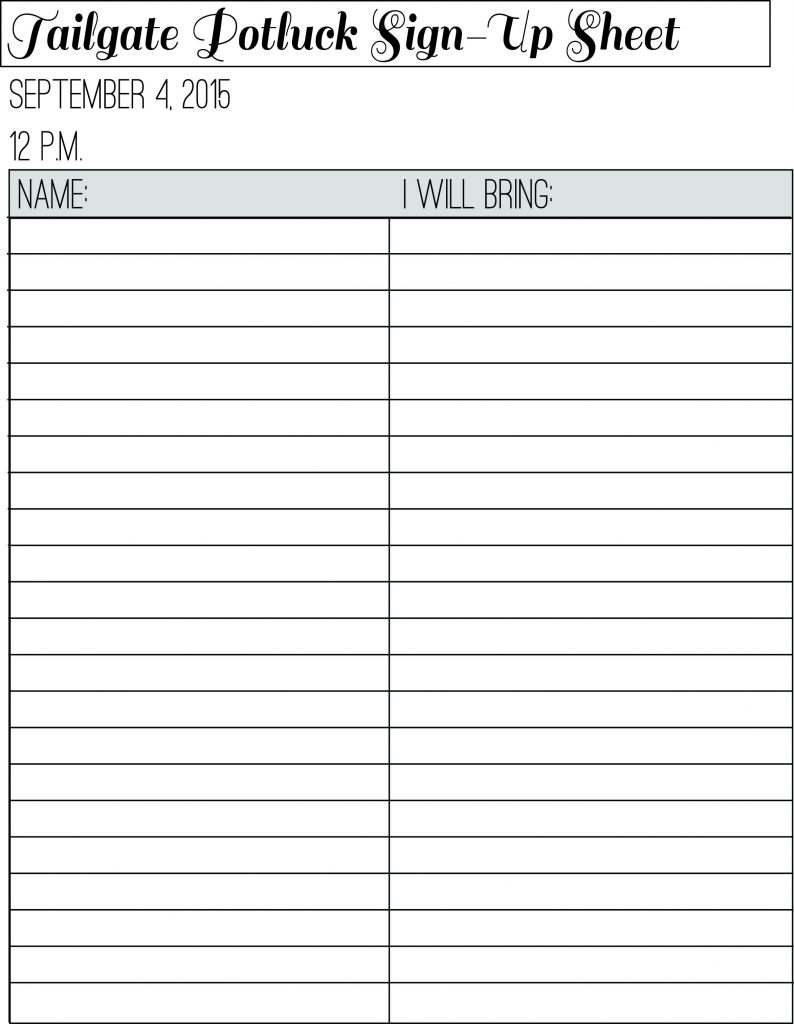 Sign up Sheet Tailgate Potluck