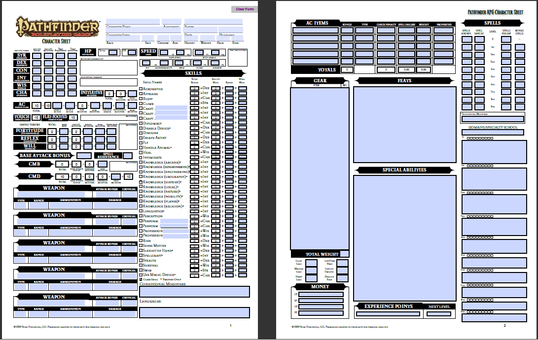 Form Fillable Pathfinder Character Sheet Printable Forms Free Online