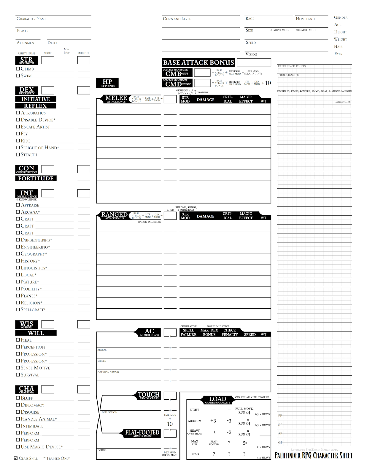 Printable Pathfinder Character Sheet Customize and Print