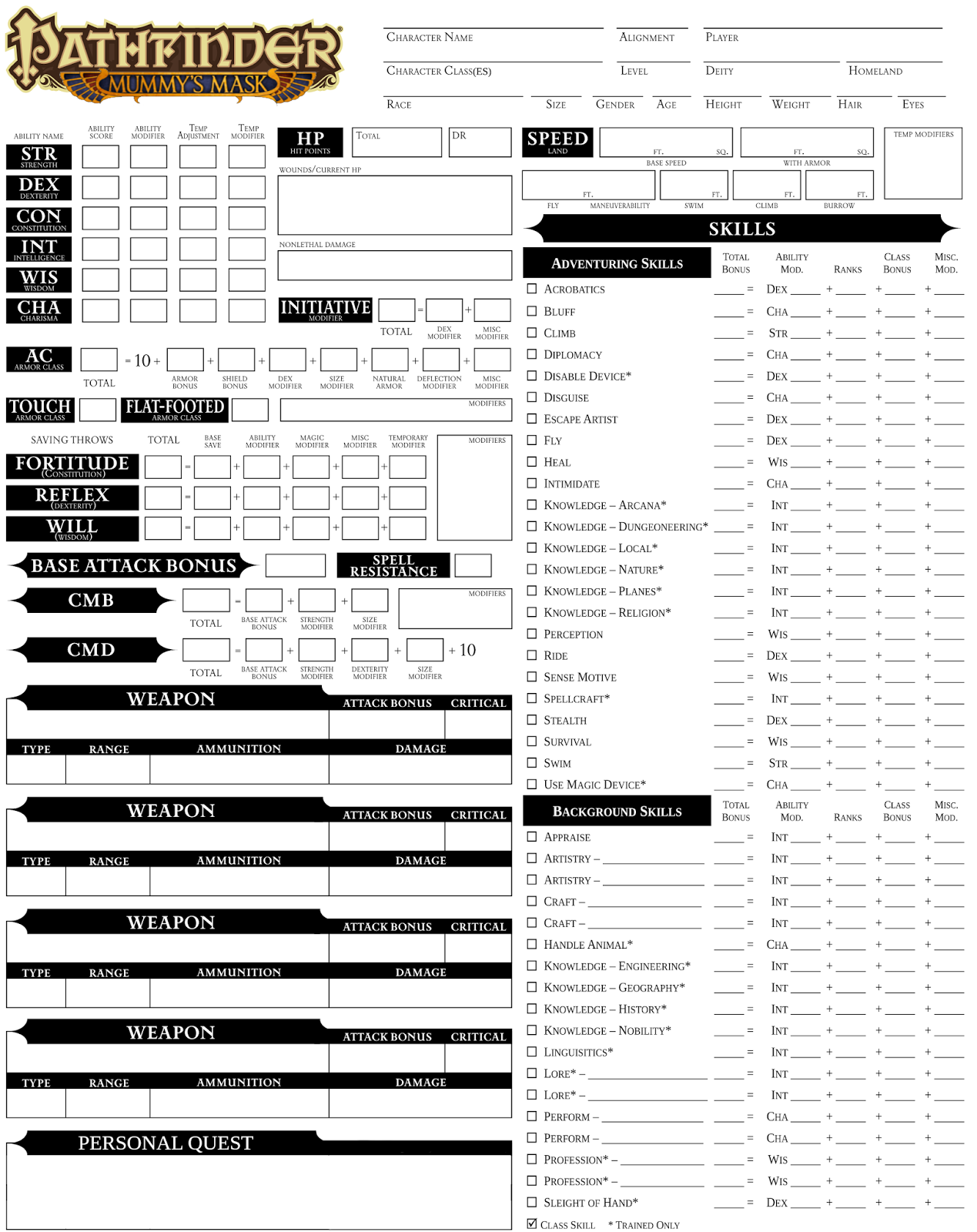 Printable Pathfinder Character Sheet 