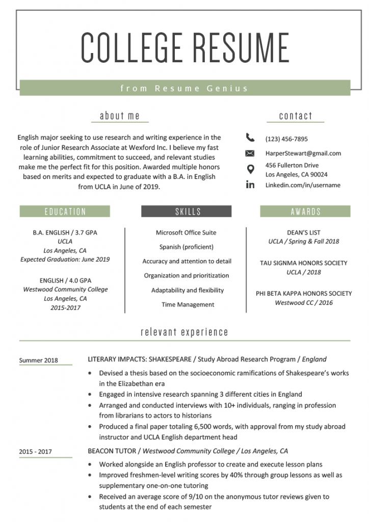 College Student Resume Example Template