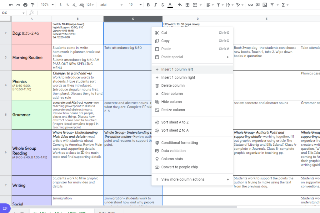 lesson planning google sheets